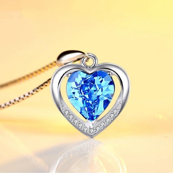 #61 - Blue Gem Love Heart Shaped Pendant Necklace - Picture 3 of 6